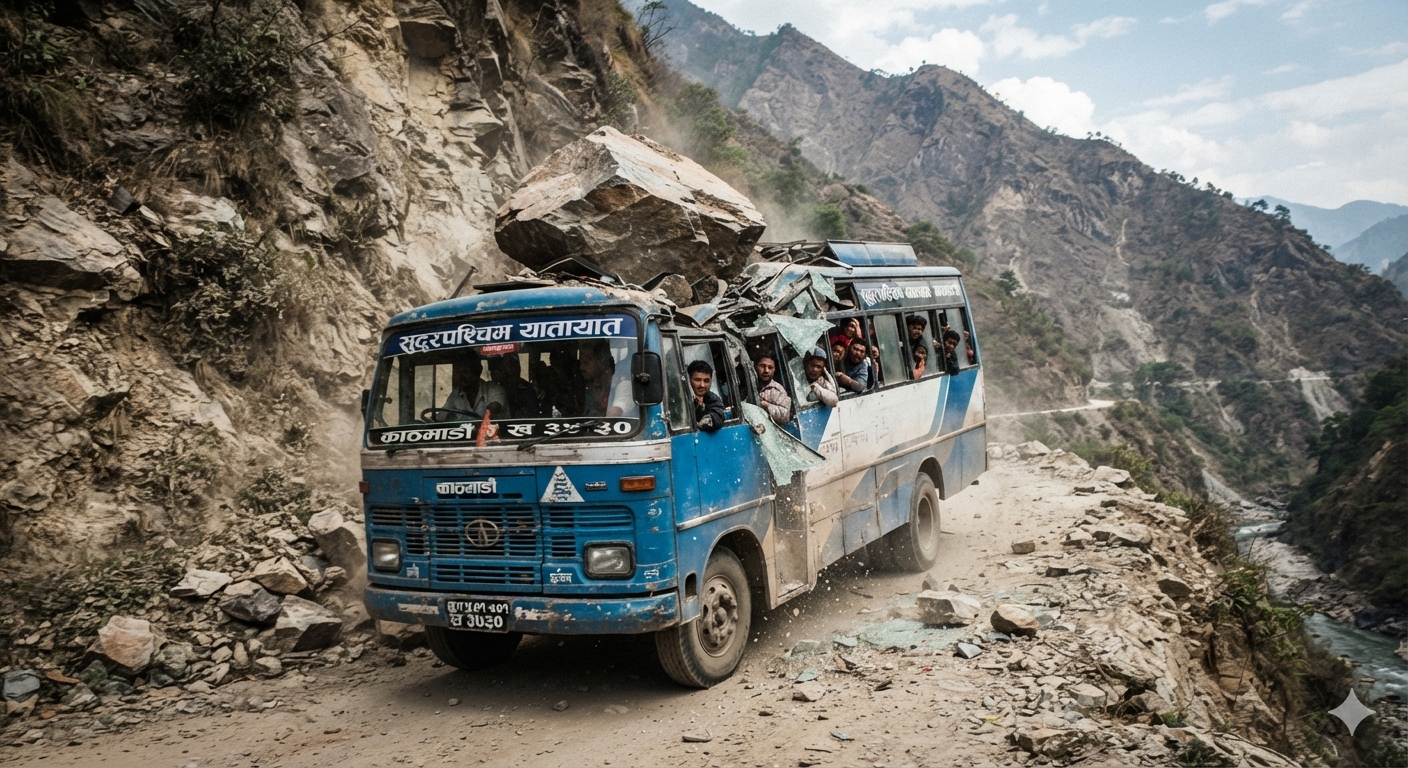 बर्दिया आउदैं गरेको बसमाथि खस्यो ढुंगा, चारजना घाइते
